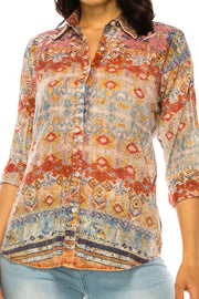 VINTAGE WASH FLORAL PRINT SHIRT MULTI RUST AND BLUE