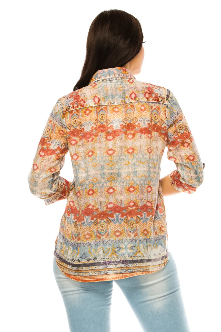 VINTAGE WASH FLORAL PRINT SHIRT MULTI RUST AND BLUE