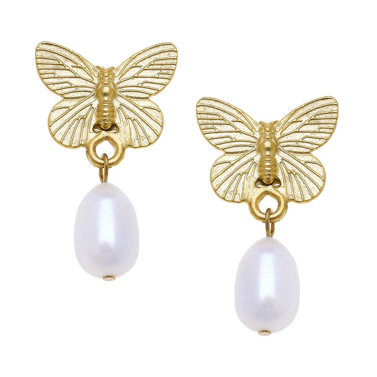 Gold Butterfly and Freshwater Pearl Earrings