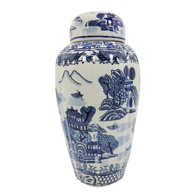 Galt International Company - 16" Blue & White Chinoiserie Ceramic Urn Jar