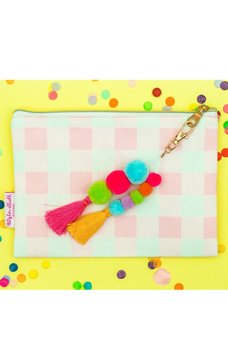 PINK GINGHAM POUCH WITH POM AND TASSEL KEYCHAIN